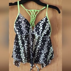 California Waves Black and Green Asymmetrical Camisole Swim Top
